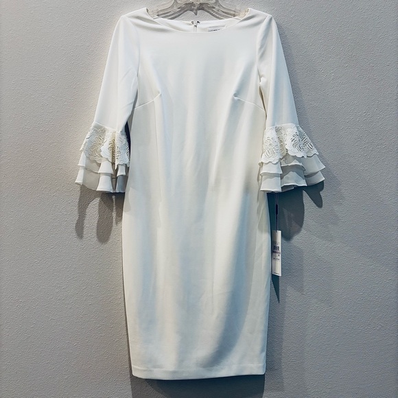 🤍 Calvin Klein Cream Ruffle‑Sleeve Lace Dress — Size 6 (NWT) - Picture 2 of 13
